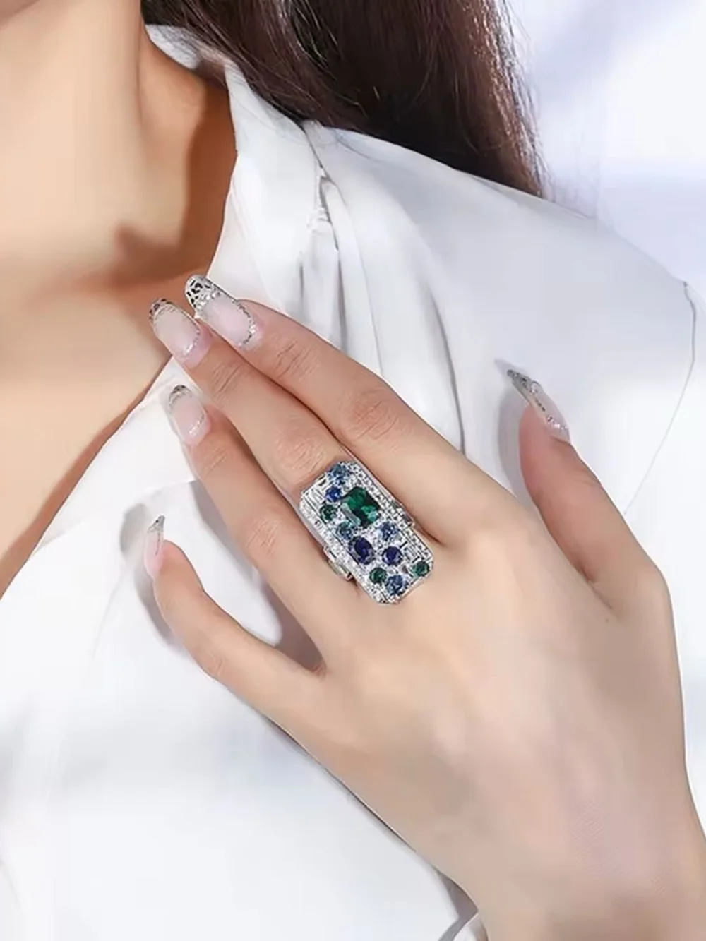 Silver-Tone Green and Blue Gemstone Cocktail Ring
